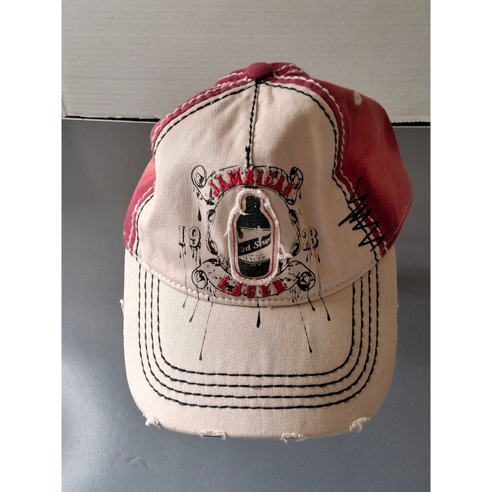 Red Stripe Jamaican Lager Beer Hat Distressed Baseball Cap Red Tan Men Strapback